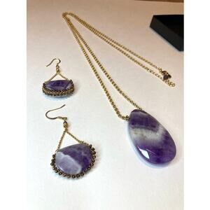 Amethyst necklace and earrings set, large pendents, gold settings